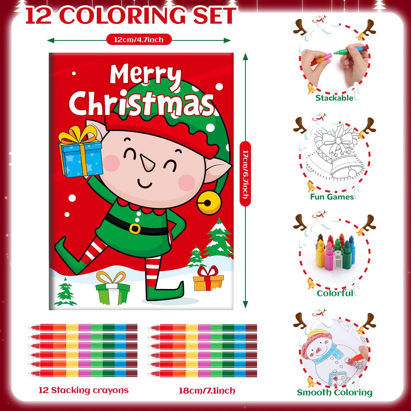 BenLouis 12 Christmas Mini Activity Books with 12 Crayons for Kids ages 4-8-16 Xmas Party Favors Bulk Different Brain Game for C