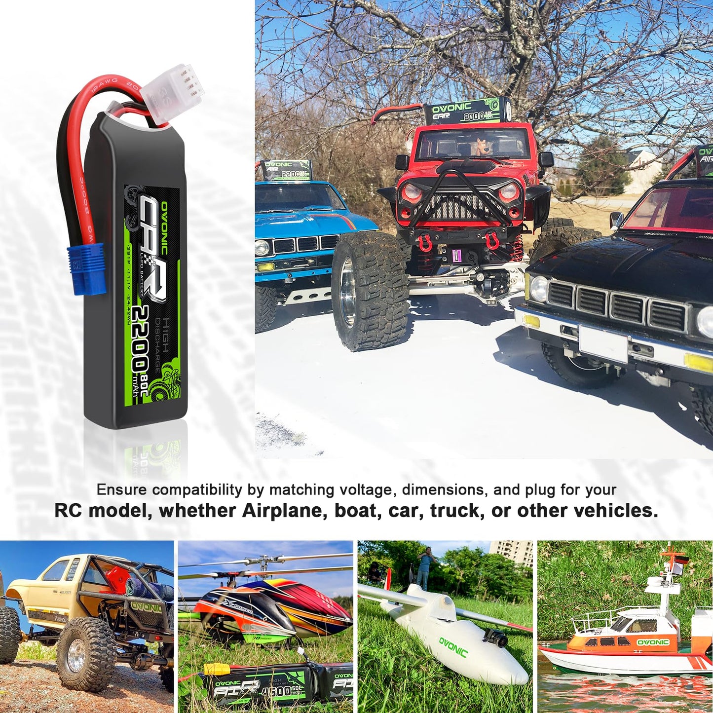 OVONIC 11.1V Lipo Battery 3S 80C 2200mAh Lipo with EC3 Connector for RC Car Trucks 1/8 1/10 RC Vehicles(2 Packs)