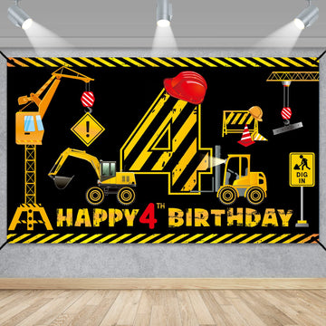Construction 4Th Birthday Banner Decorations For Boys Kids, Dump Truck Construction Theme Four Birthday Party Supplies, Excavato