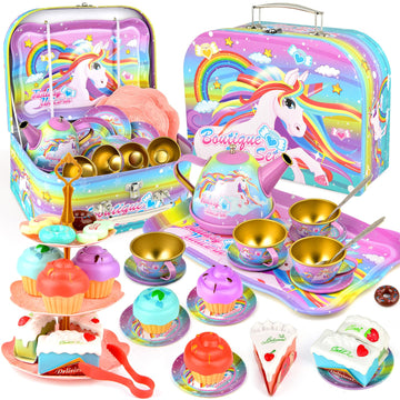 Unicorn Tea Party Set for Little Girls, Unicorn Tea Set Toys for Girls Age 3 4 5 6 Year Old, Toddler Kids Kitchen Pretend Play T