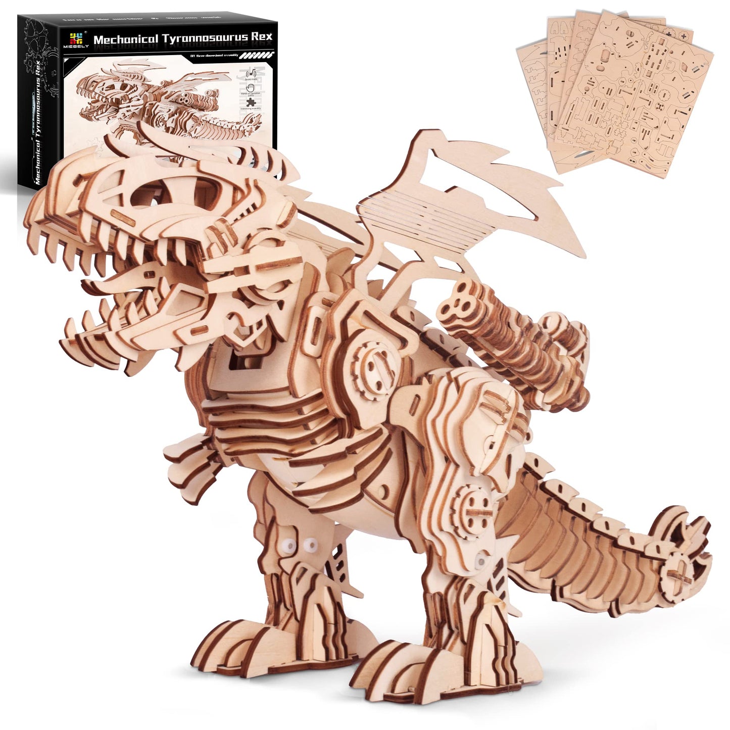 Miebely 3D Wooden Puzzles For Adults - T-Rex Dinosaur Model Kits Can Walk And Roar, Mechanical Dinosaur Toys For Boys Kids Ages 
