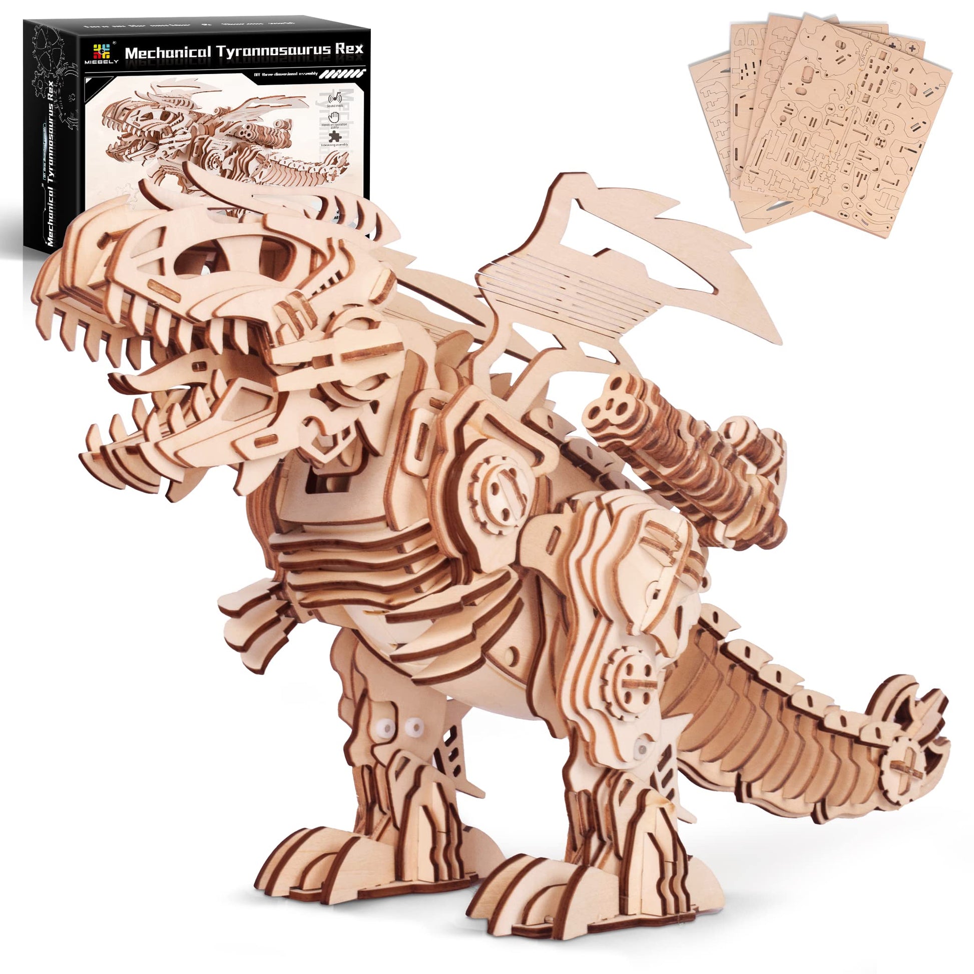 Miebely 3D Wooden Puzzles For Adults - T-Rex Dinosaur Model Kits Can Walk And Roar, Mechanical Dinosaur Toys For Boys Kids Ages 