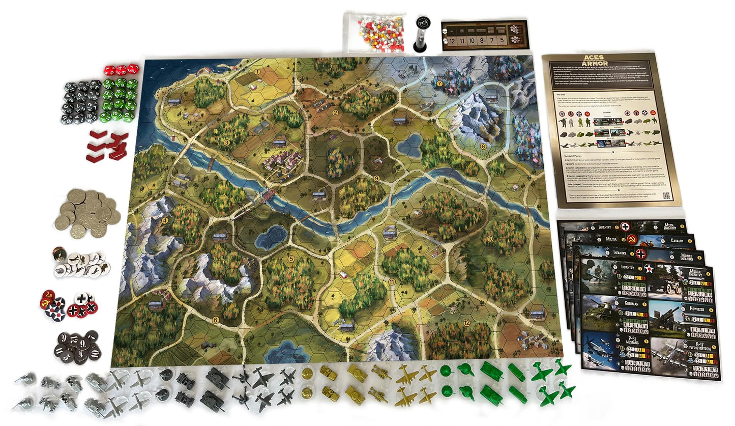 PKB Games Aces & Armor WWII Miniatures Board Game, 10.6x14.6 inches, Cardboard, 1-4 Players, Ages 14+, 1-2 Hours