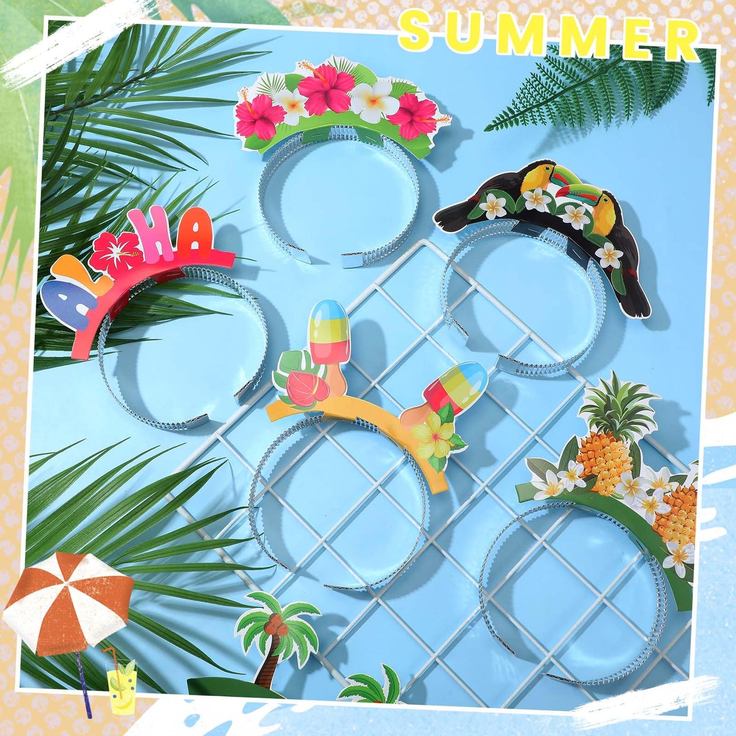 Foilswirl 12 Pcs Hawaiian Party Headbands Paper Luau Tropical Headwear Hawaiian Party Favors Fun Tropical Fancy Dress Props Beac
