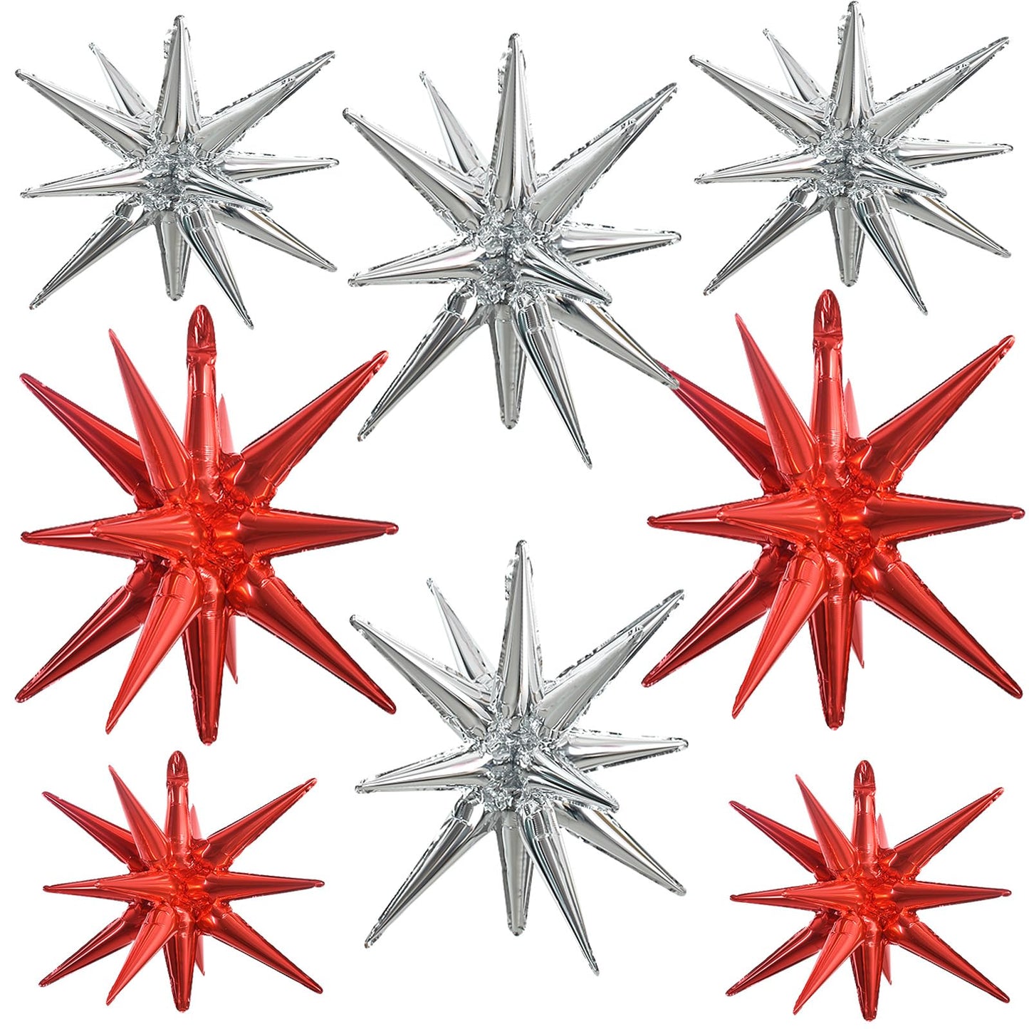 TONIFUL 8 Pcs Red Silver Foil Balloons Large Star Balloons Explosion Star Mylar Balloons for Party Backdrop Christmas New Year B