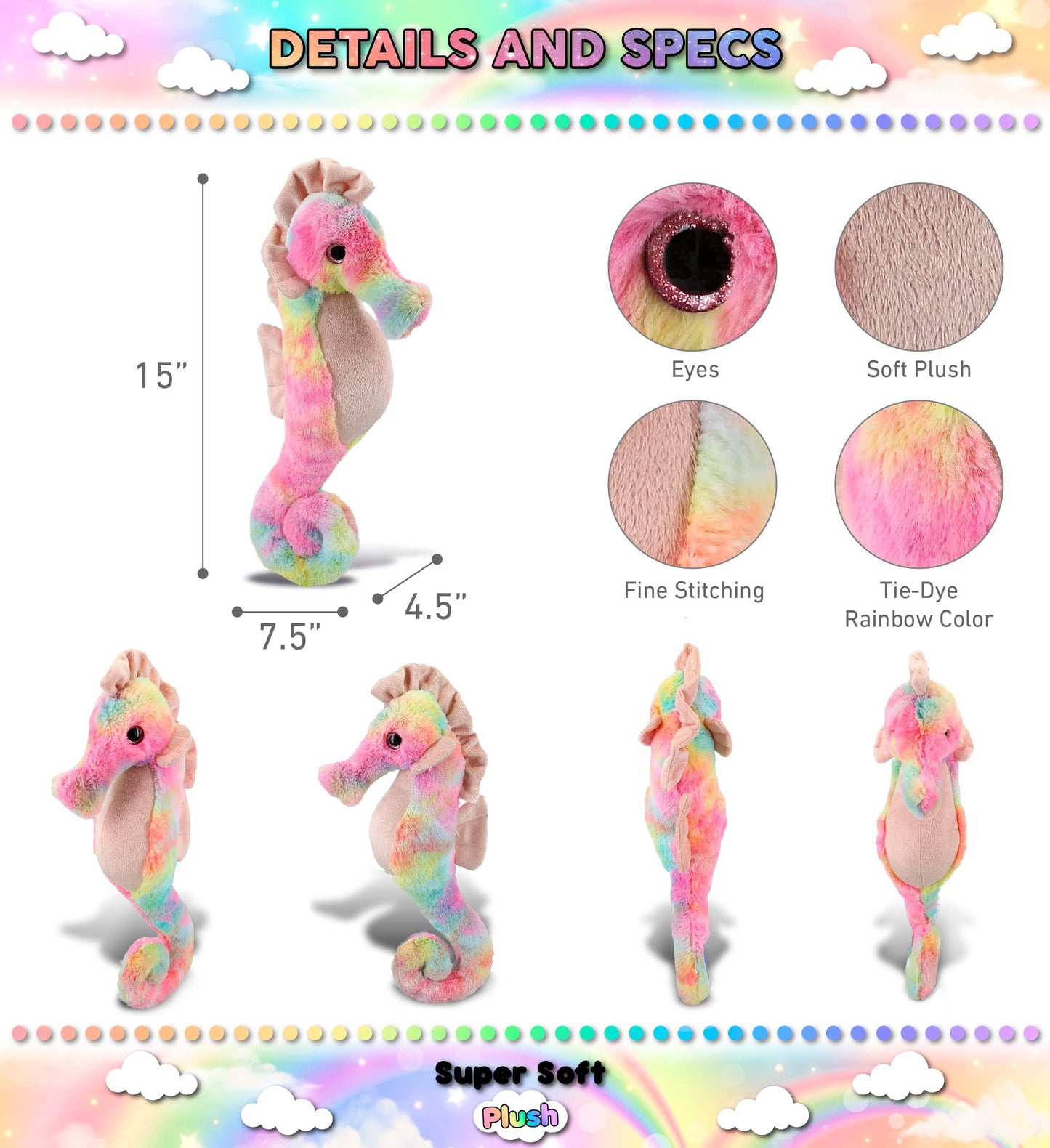 DolliBu Rainbow Seahorse Stuffed Animal - Super Soft Stuffed Animals for Girls and Boys  Adorable Stuffed Sea Creatures for Kids and Cute Sea Animals Cuddle Stuffed Animals for mature-themeds - 15 Inches