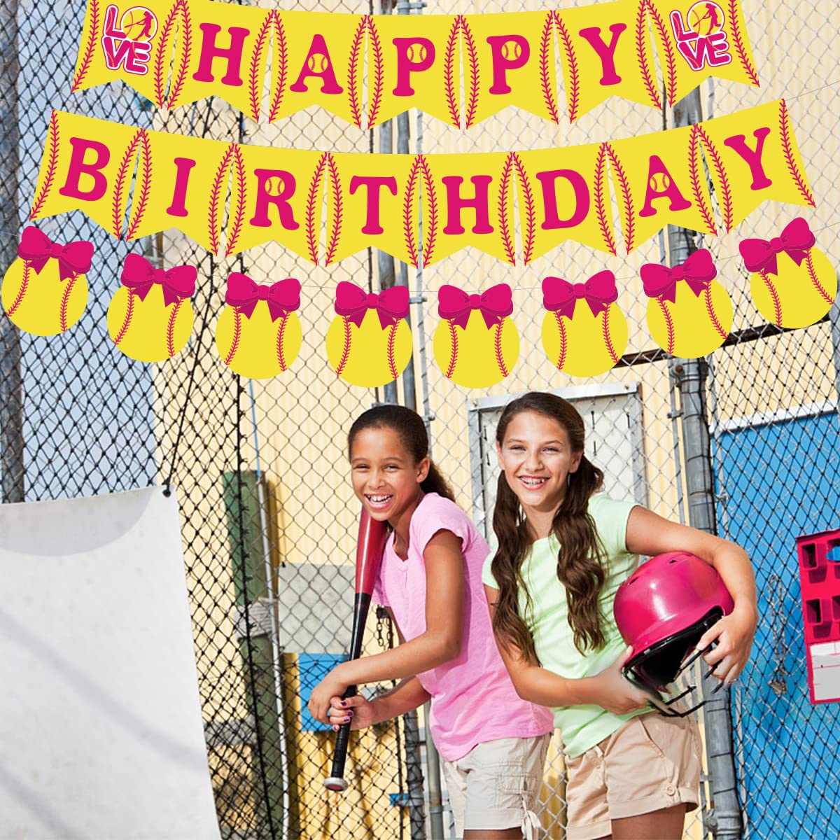JOYMEMO Softball Themed Birthday Decorations for Girls, Happy Birthday Banner, Fast Pitch Garland Sports Player Party Supplies P