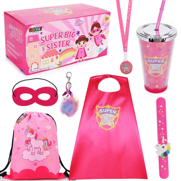 Golray Super Big Sister Gifts Set With Superhero Cape Eyemask Unicorn Slap Bracelets Necklace, Drawstring Backpack, Unicorn Keychain, Insulated Plastic Tumbler Cup Big Sister Gifts For Little Girls