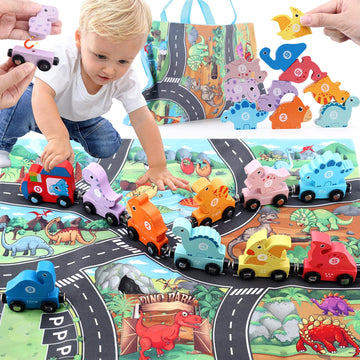 Crelloci 22Pcs Magnetic Wooden Train Set, Dinosaur Toys With Playmat/Storage Bag, Montessori Educational & Preschool Learning Car Toys, Gift For Toddlers, Boys, Girls