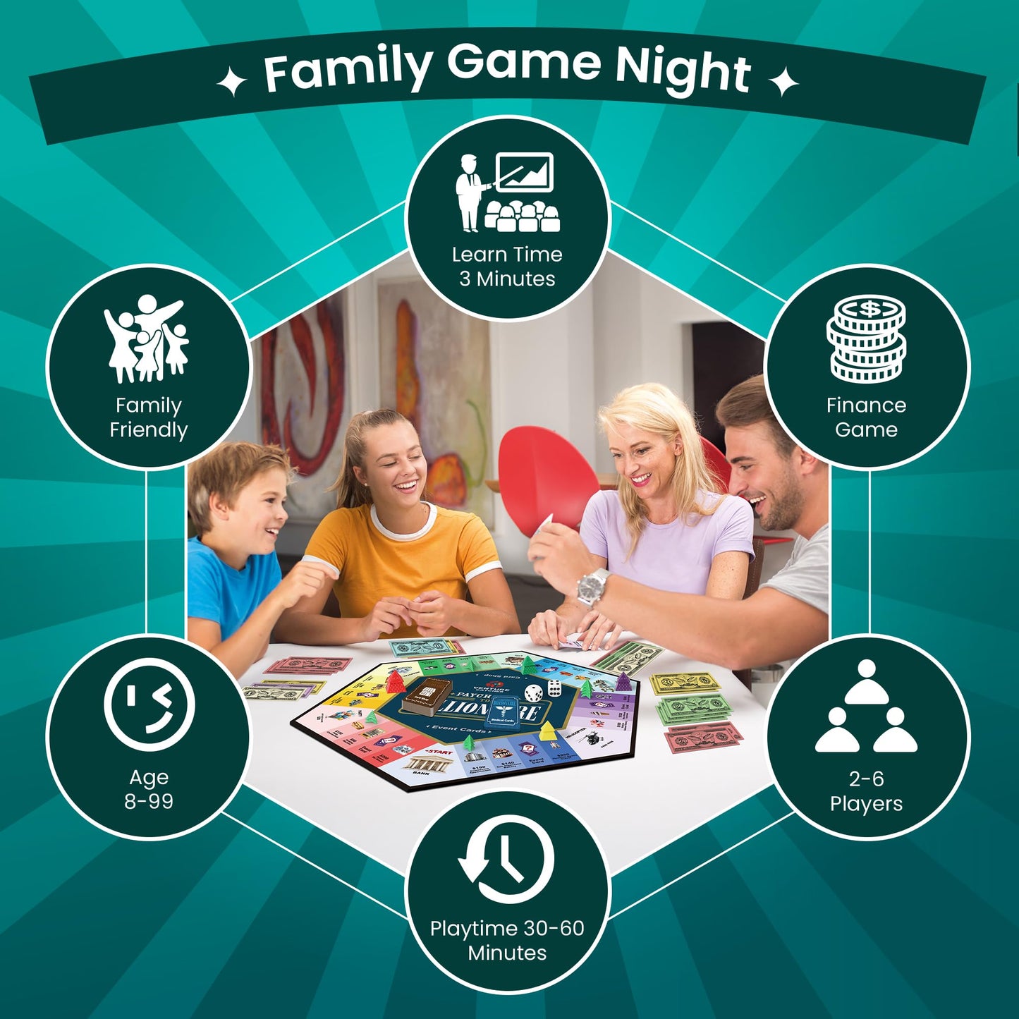 VENTURE CATCHER Paycheck to Billionaire Board Game - Dark Green, 11x11 inches, Cardboard - Fun for Ages 8+ and Family Game Nights