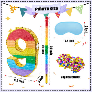 PCFING Rainbow 20 Inch Number 9 Piñata with Stick & Blindfold for Kids Birthday Party Decorations