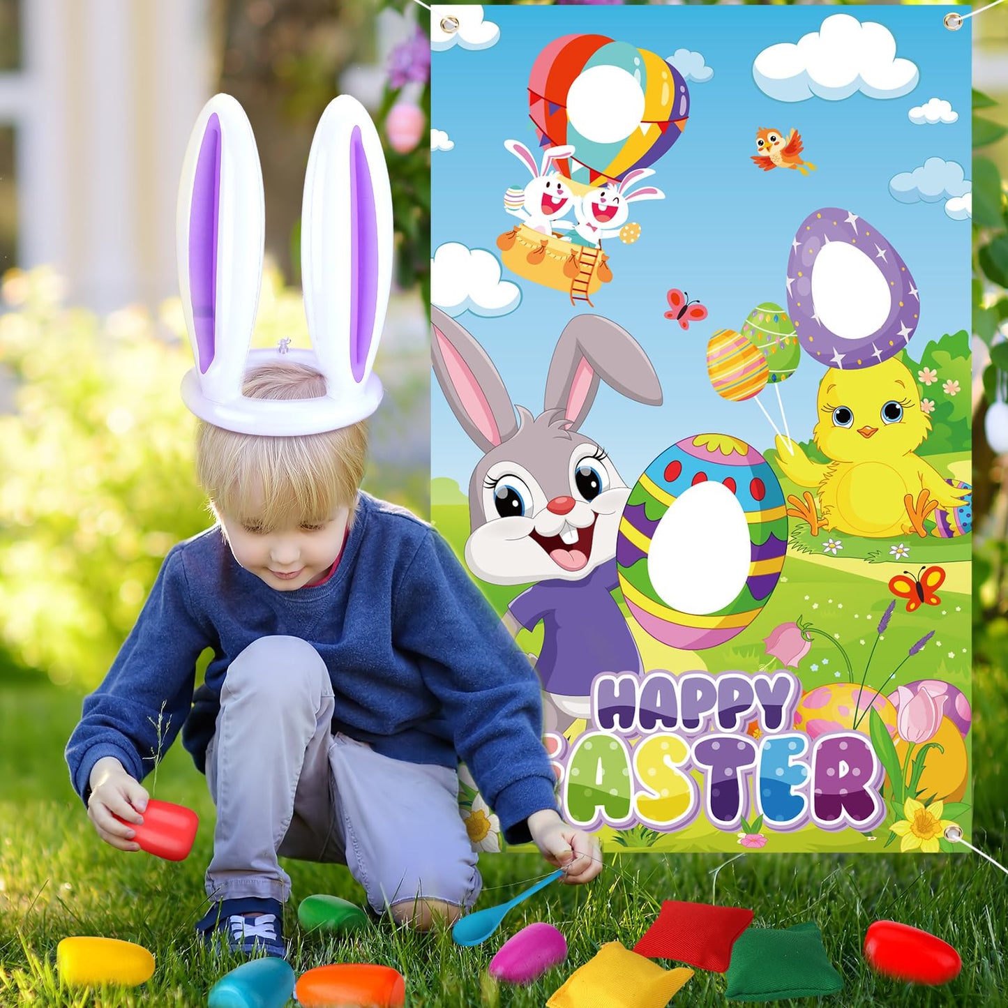 JellyArch 34 Pcs Easter Outdoor Toss Party Games Includes Potato Sack Race Jumping Bags Egg Spoon Race Inflatable Bunny Ring Tos