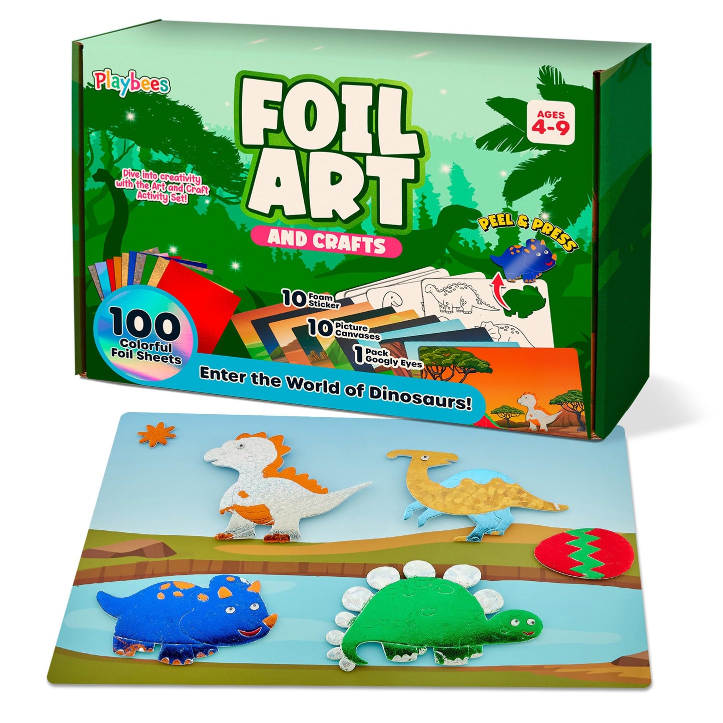 Playbees Foil Art Kit Dinosaurs - Preschool Arts and Crafts Kit for Kids- No Mess Art for Boys & Girls Ages 4, 5, 6, 7, 8, 9 Yea