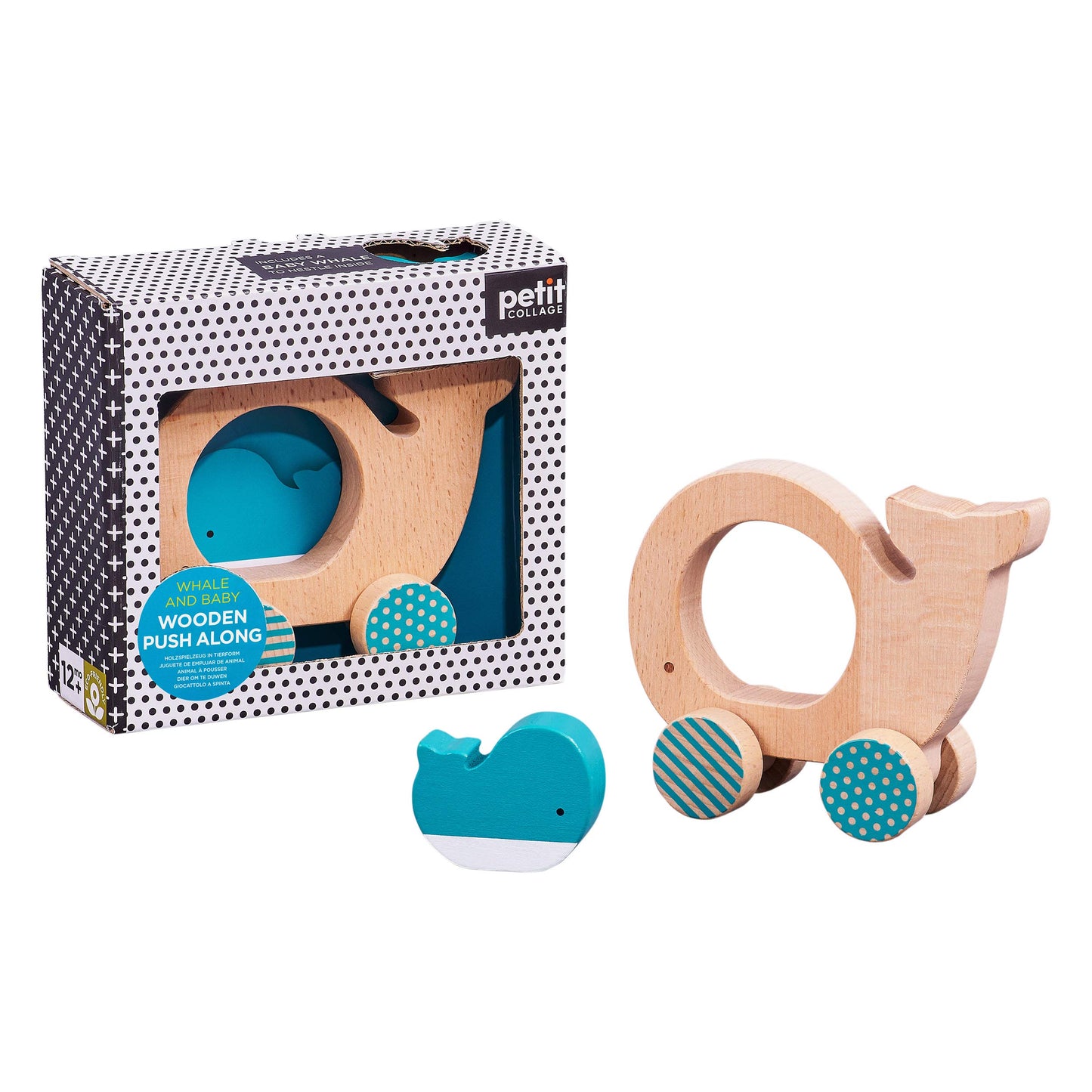Petit Collage Wooden Push Toy Whale & Baby - One Size, Encourages Movement, Ideal for Ages 12 Months+, Model PTC539