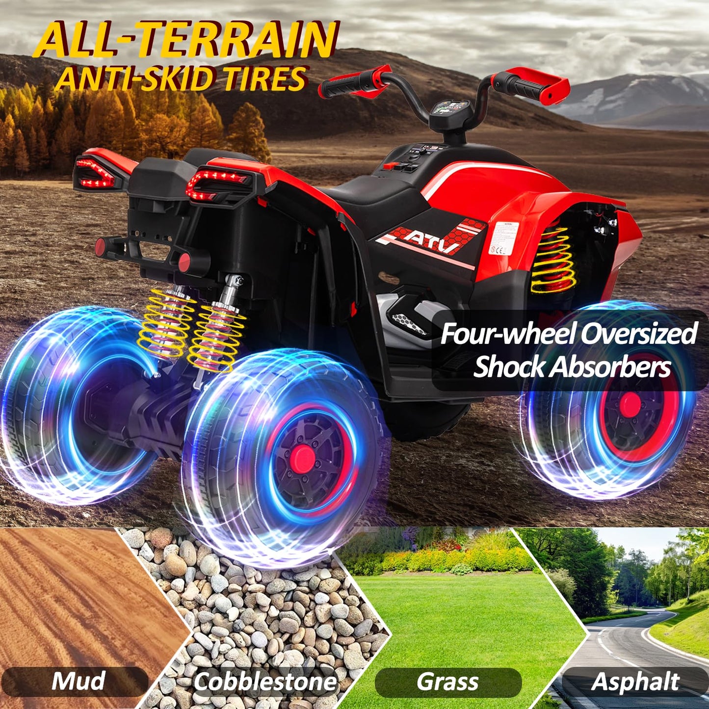 Kids Atv 4 Wheeler, 24V 2 Seater Electric Atv Quad W/4Wd Motor, Protective Gear Set, Bluetooth, Led Lights, Diy Reflective Stick