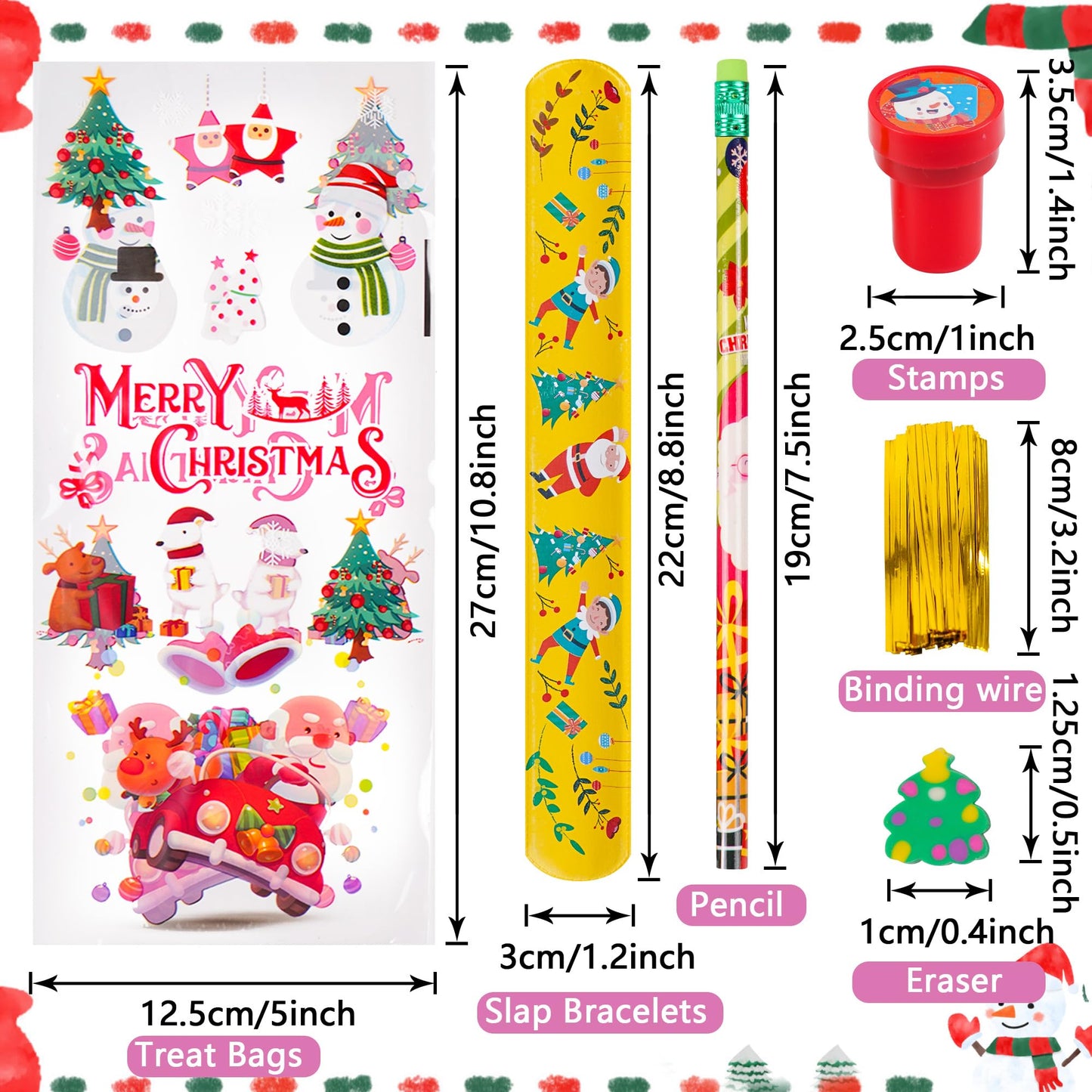 360 Pieces Christmas Stationery Party Favors Bulk: Christmas Pencil Eraser Slap Bracelets Stamps Treat Bags for Kids Classroom G