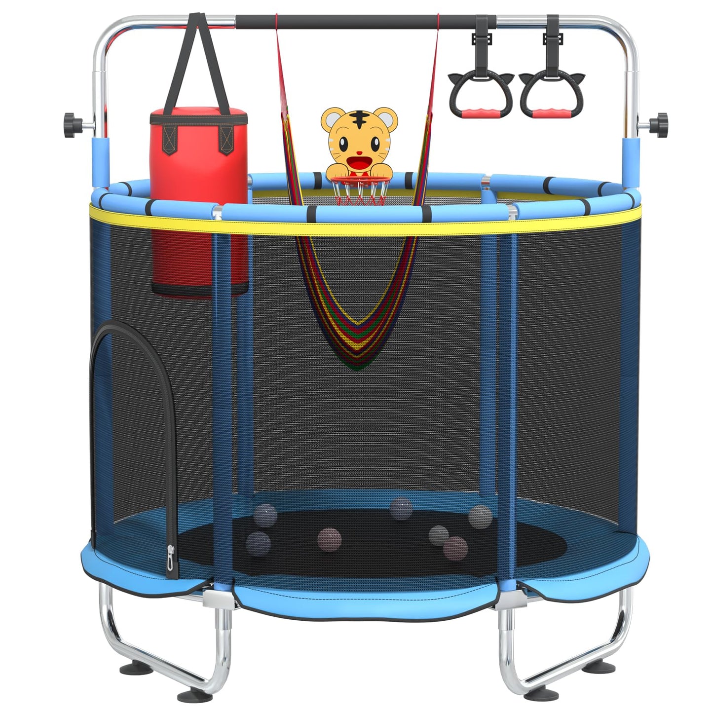 Pelnuies 60 Trampoline for Kids with Safety Net, 440lbs Indoor & Outdoor Toddler Trampoline with Swing, Adjustable Gym Bar & Bas