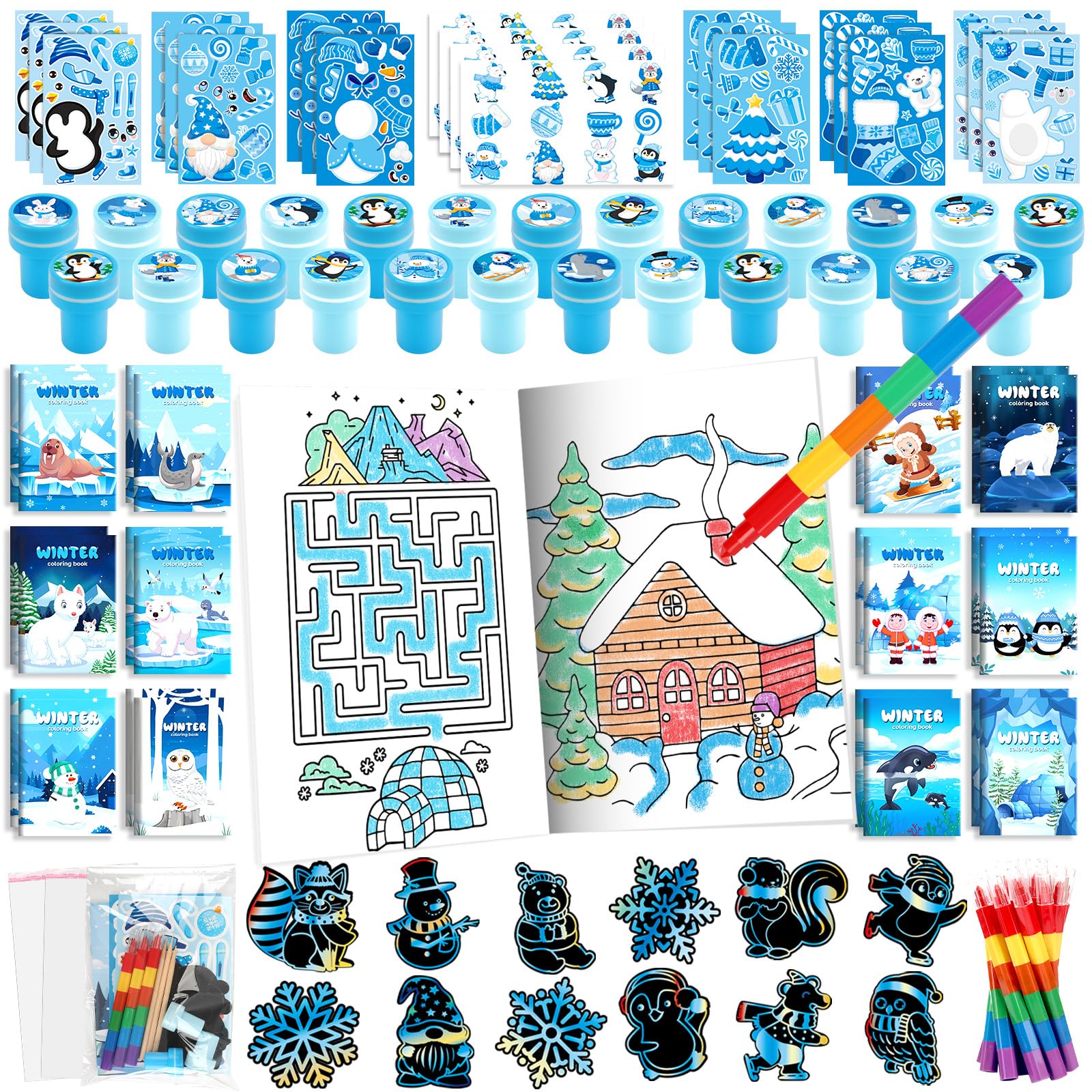 BenLouis Winter Party Favors Set Holiday Themed Coloring Book Classroom Gift Prizes Bulk for Students Kids Christmas Frozen Birt