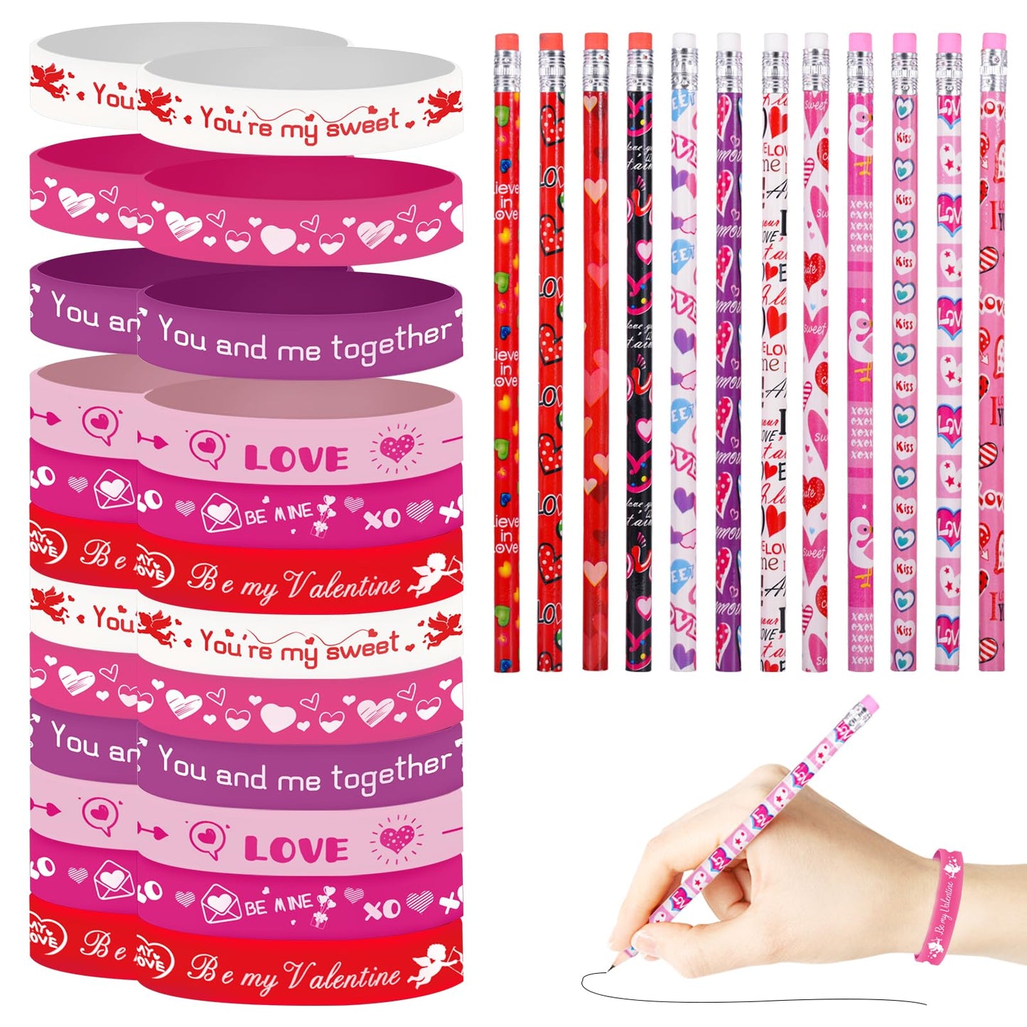 emzrivo 48Pcs Valentines Day Party Favors 24 Valentine Pencils Bulk 24 Valentine Silicone Bracelets Rubber Wristbands Valentine
