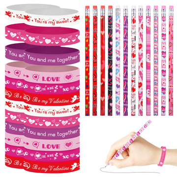 emzrivo 48Pcs Valentines Day Party Favors 24 Valentine Pencils Bulk 24 Valentine Silicone Bracelets Rubber Wristbands Valentine