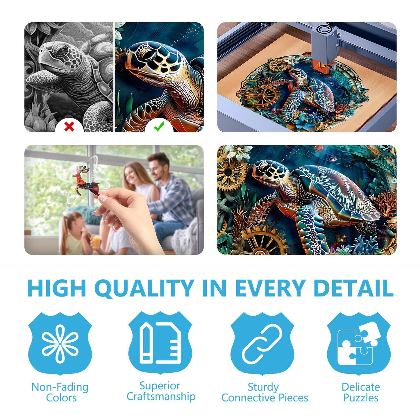 Wooden Puzzles for mature-themeds  Embossed Sea Turtle Puzzle for mature-themeds  Unique Shaped Wooden Jigsaw Puzzles  Wood Puzzles mature-themed  for mature-themeds  Wall Art Canvas Puzzle (S-8.5 * 8.4in-100 pcs)