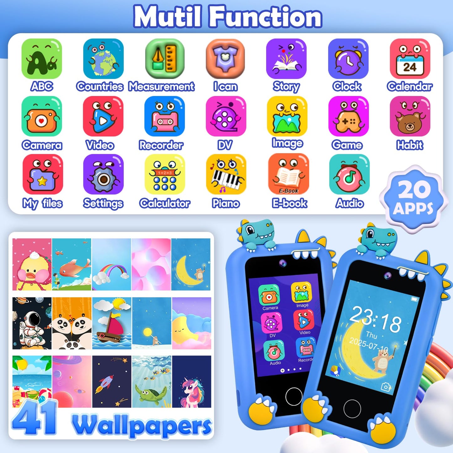 Elecoutek Kids Phone for Boy, Dinosaur Phone Toys for 3-10 Year Old Boys, Kids Mobile Phone Toy with Dual Cameras, 2.8 Inch Touc