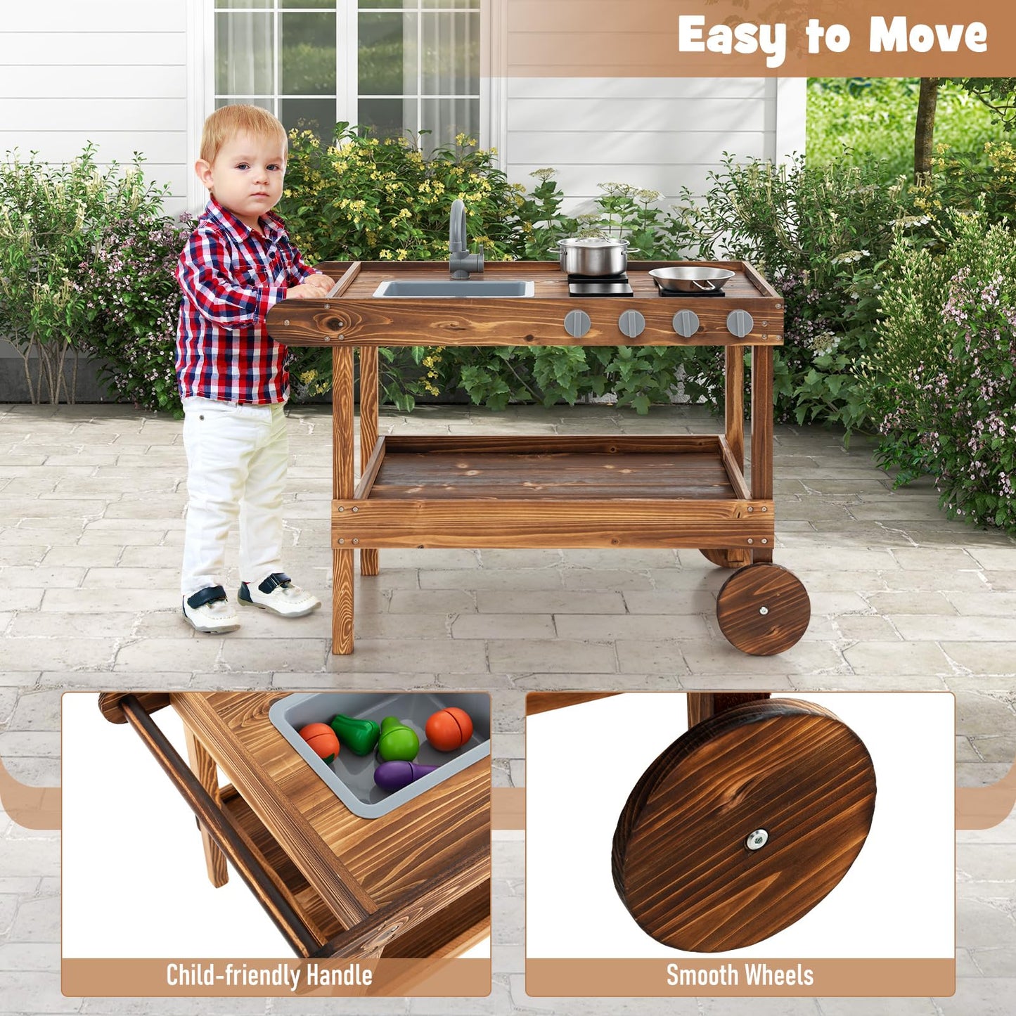Costzon Mud Kitchen, Outdoor Play Kitchen With Sink, Faucet, Stoves And Cooking Accessories, Storage Shelf, Toddler Wooden Rolli