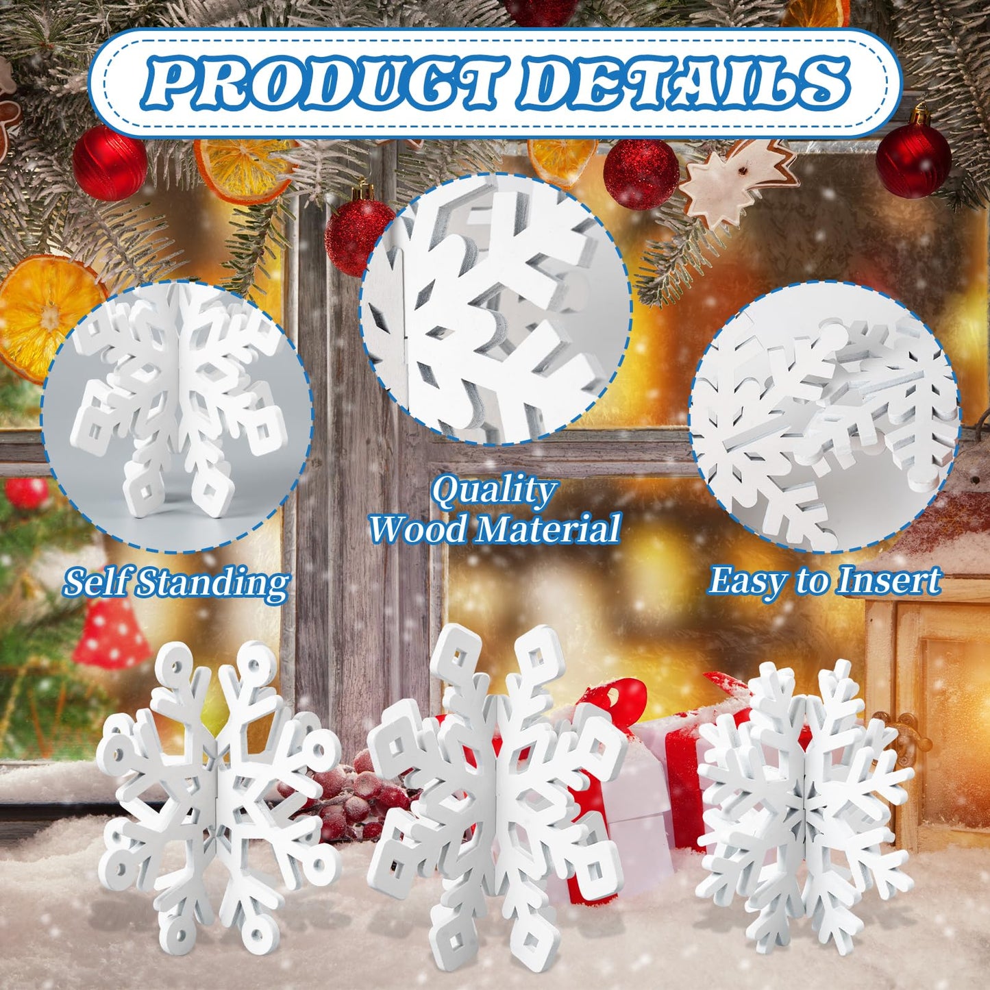 Oumuamua 6 Set Snowflake Christmas Table Decorations - 12Pcs White Wooden 3D Snowflake Decor Tabletop Centerpiece For Christmas Party Supplies Home Decor