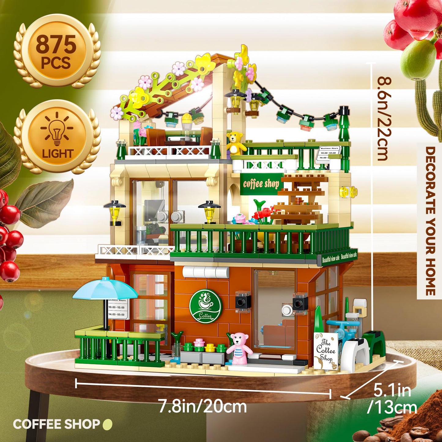 MOCBROPCS 3 in 1 Street View Coffee Shop Building Set, 875 PCS Plastic Toy, Medium Size, Green, Compatible with City House Modular Architecture