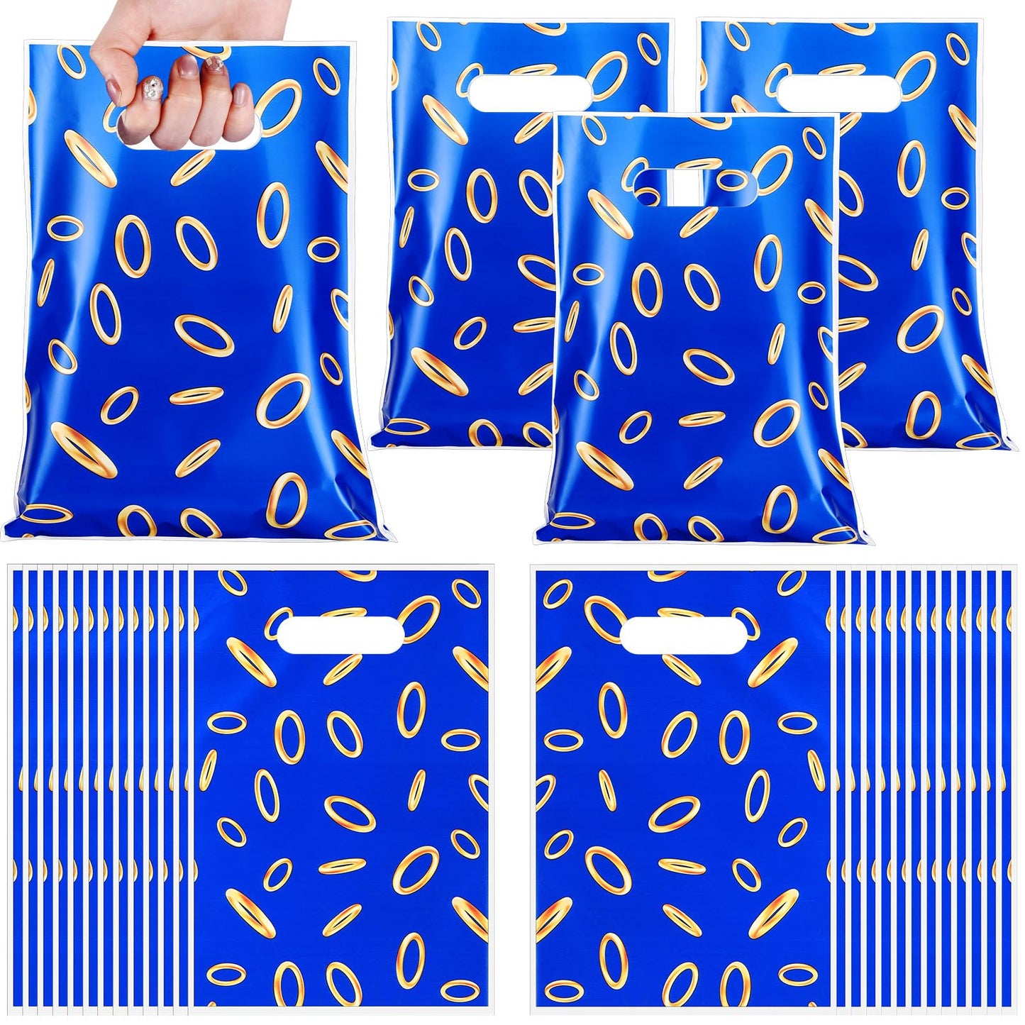 Faccito 40 Pcs Video Game Party Favors Bags Blue with Gold Ring Print Themed Goodie Bags Candy Snack Treat Plastic Supplies for 