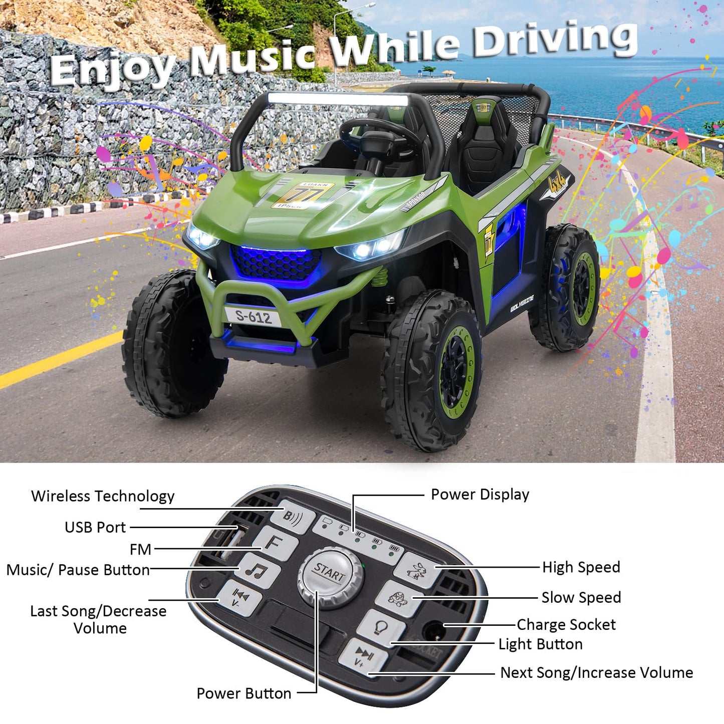 Olakids 2 Seater Ride On Car For Kids, 12V Utv Kids' Electric Vehicles With Remote Control, Spring Suspension, Soft Start, Music Bluetooth Fm, Battery Powered For Ages 3-8 (Green)