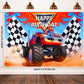 Monster Truck Party Supplies Include 1 Piece Monster Truck Backdrop 1 Piece Plastic Checkered Flag Tablecloth, Happy Birthday Mo