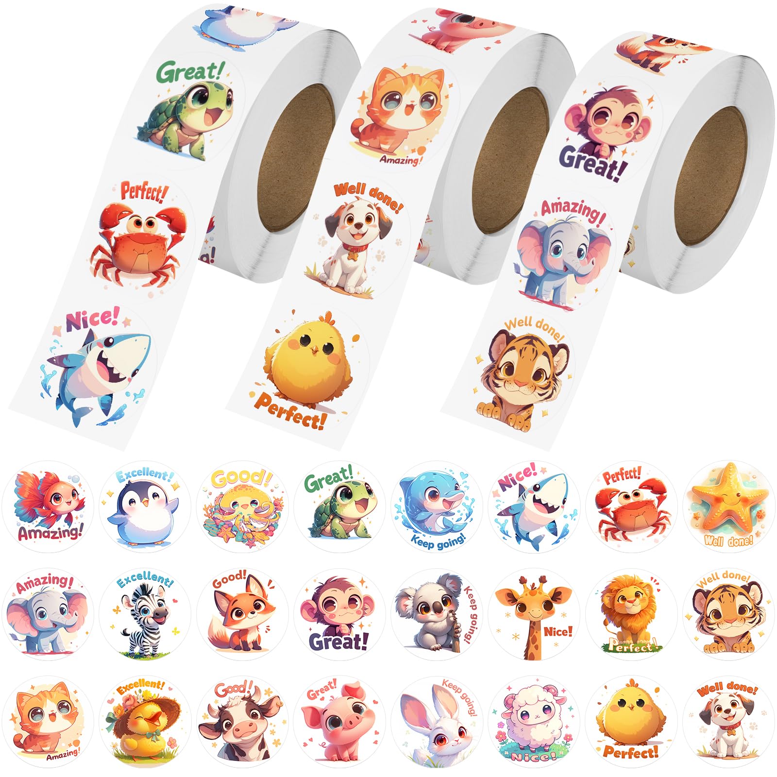 JIXZEN 1.5 Inch Animal Stickers for Kids, 3 Rolls 1500 PCS Cute Stickers for Toddlers 2-4 Years, 24 Designs Farm/Ocean/Wild Moti