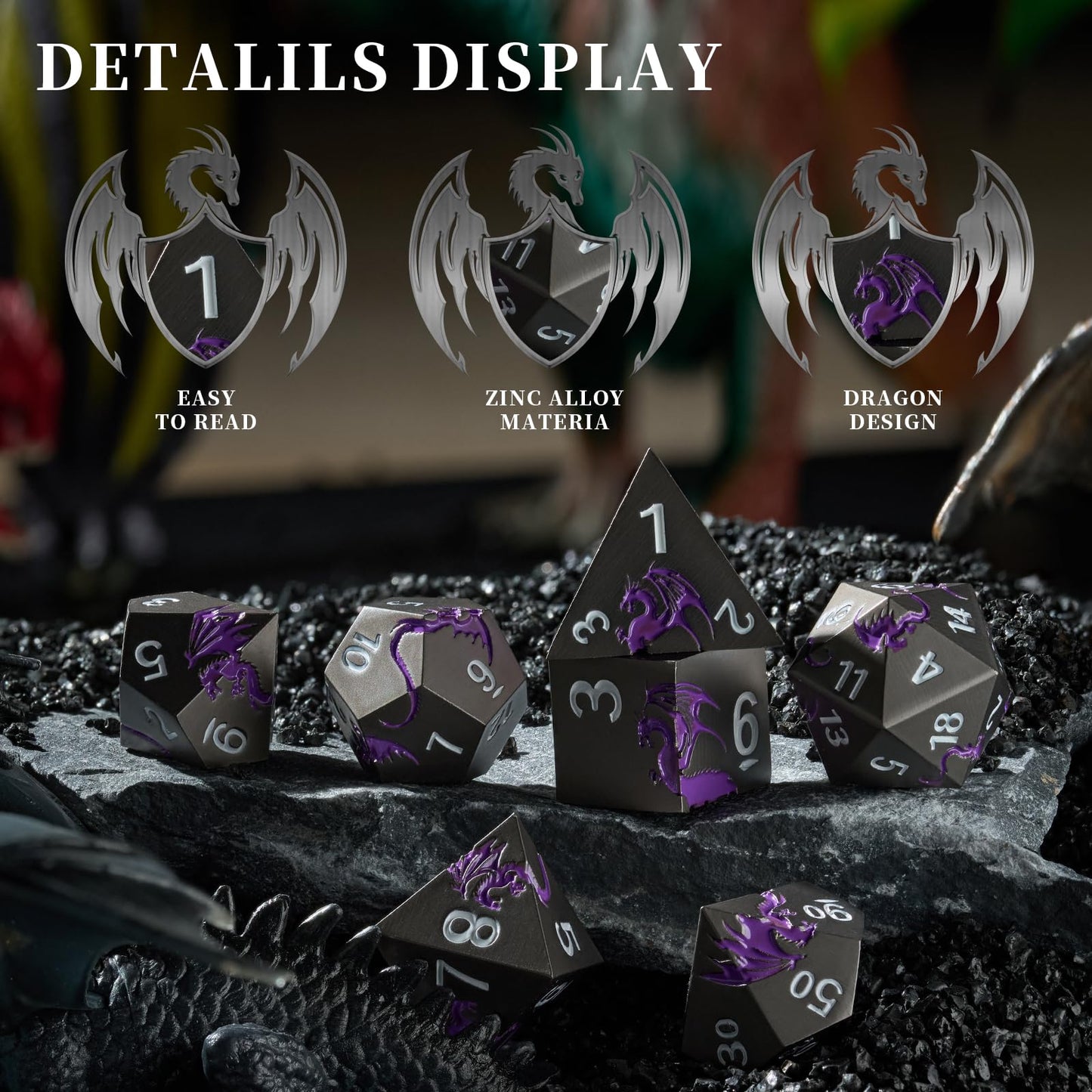 Metal Dice Set D&D, HNCCESG Polyhedral Dice 7 Piece Dice Dragon Metallic DND Dice Set for Dungeons and Dragon RPG Tabletop Game(