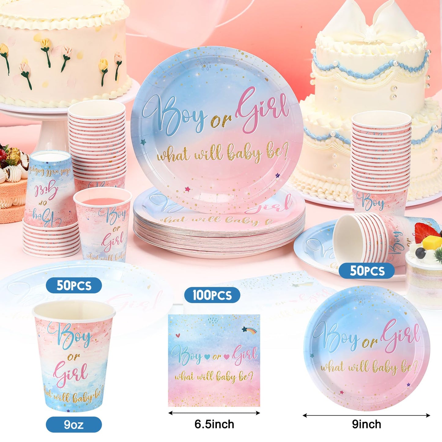 Hushee 200 Pcs Gender Reveal Baby Shower Paper Plates Napkins Cups Baby Shower Party Supplies Tableware Set Disposable Cup Napki
