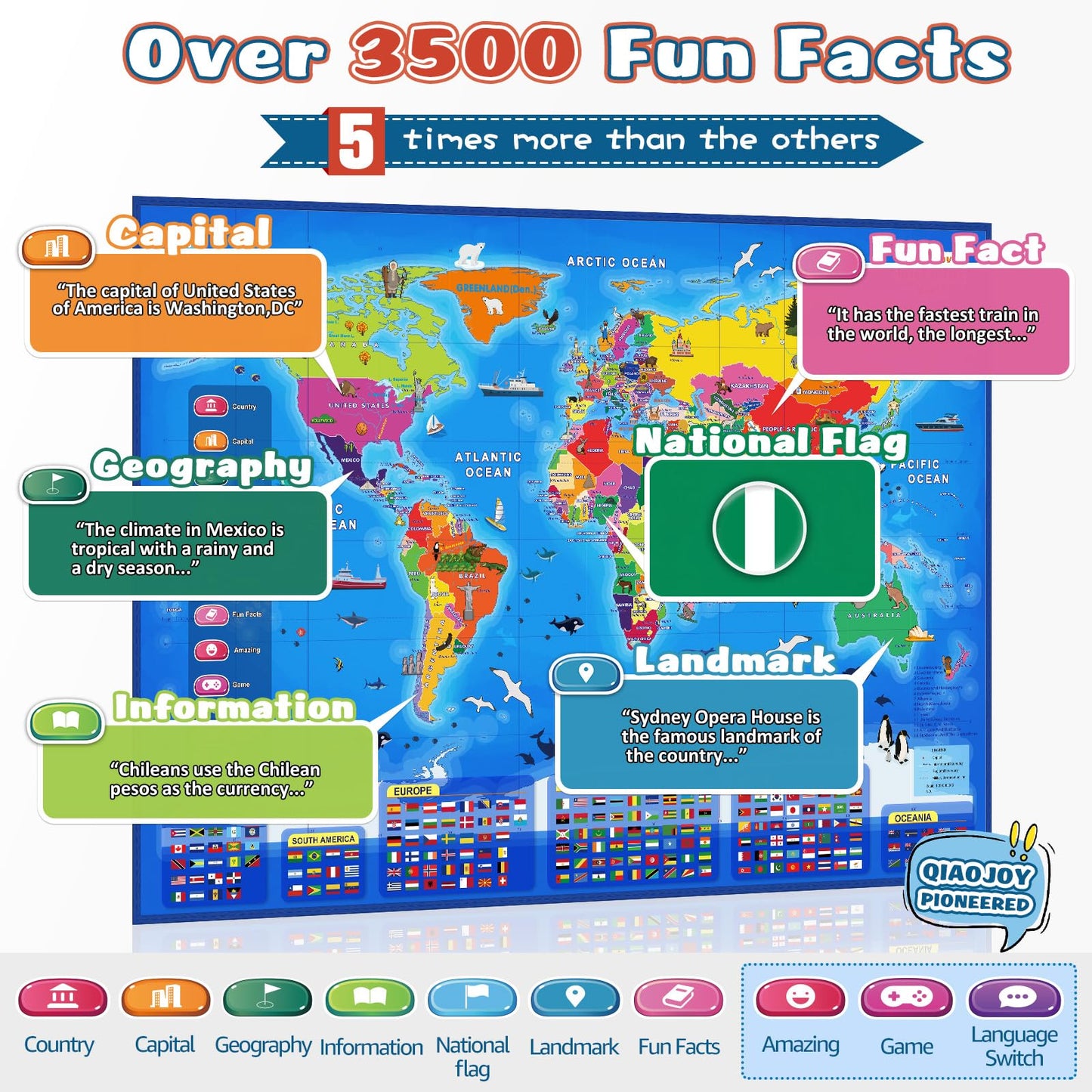 Bilingual Interactive Kids Talking World Map & Dinosaur Poster for Kids Learning and Educational Toys, Talking Educational Toys