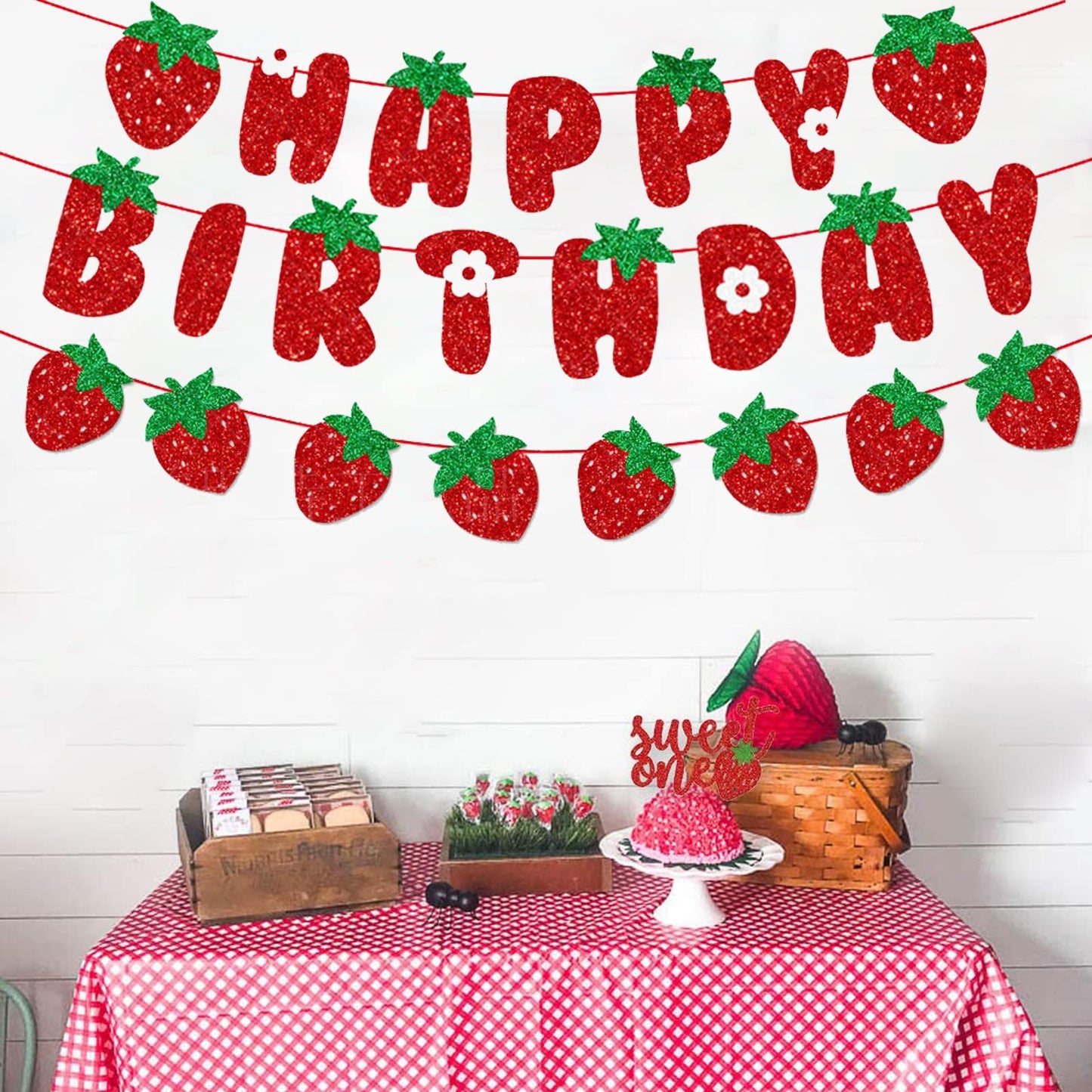 Zwiebeco Strawberry Birthday Party Decoration Supplies - Red Green Strawberry Happy Birthday Sign Banner Bunting Garland Hanging
