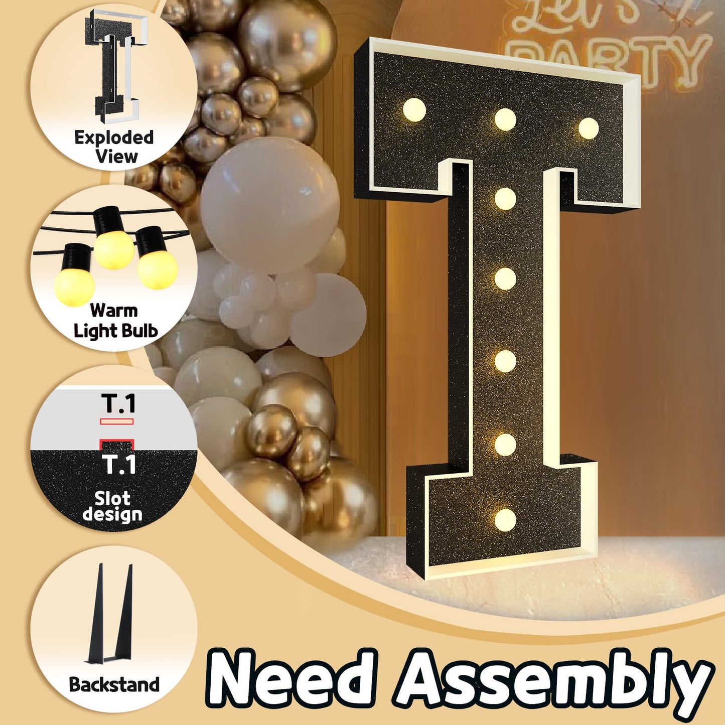 Imprsv Marquee Letters Black 3Ft: Black Party Decor - Light Up Letter T Large 3 Feet Tall - Party Decorations Letter For Birthda