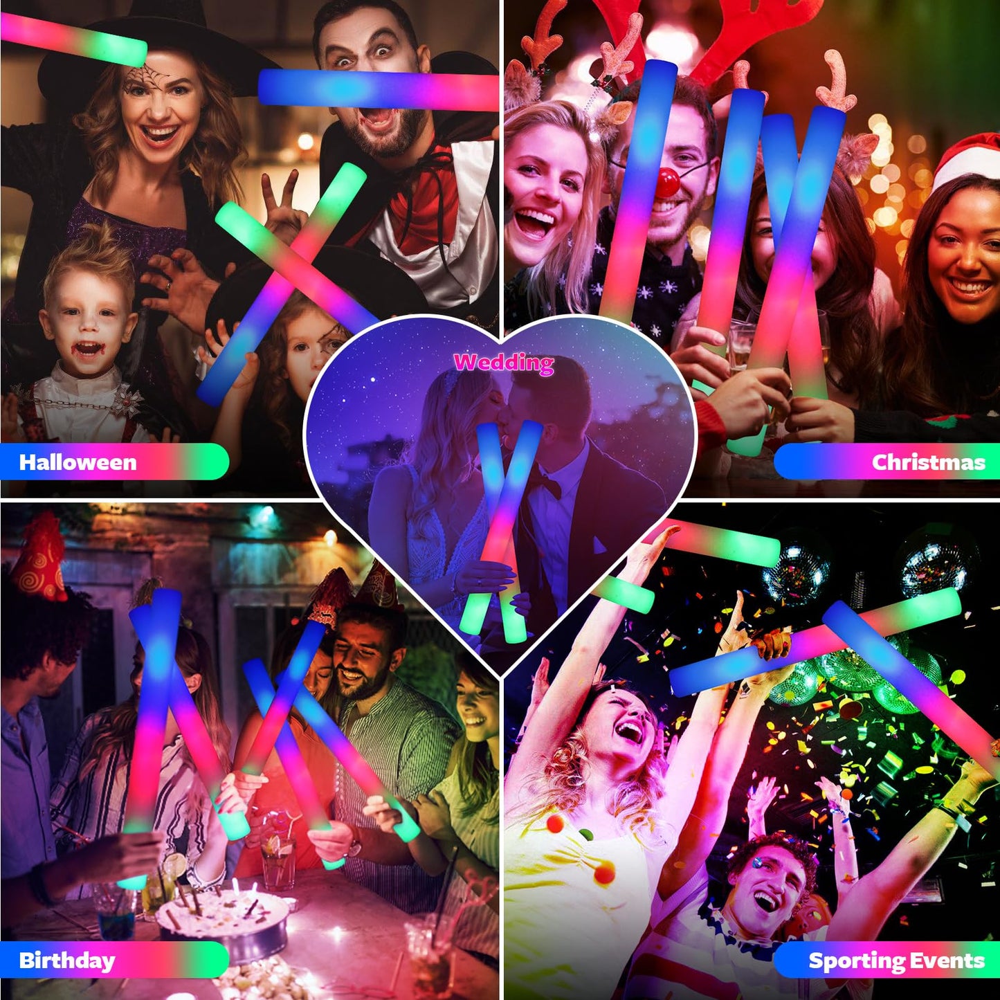 Wellent 68 Pcs Led Foam Glow Sticks, Bulk Glow Sticks, Glow In The Dark Party Supplies With 3 Modes Colorful Flashing, Neon Part