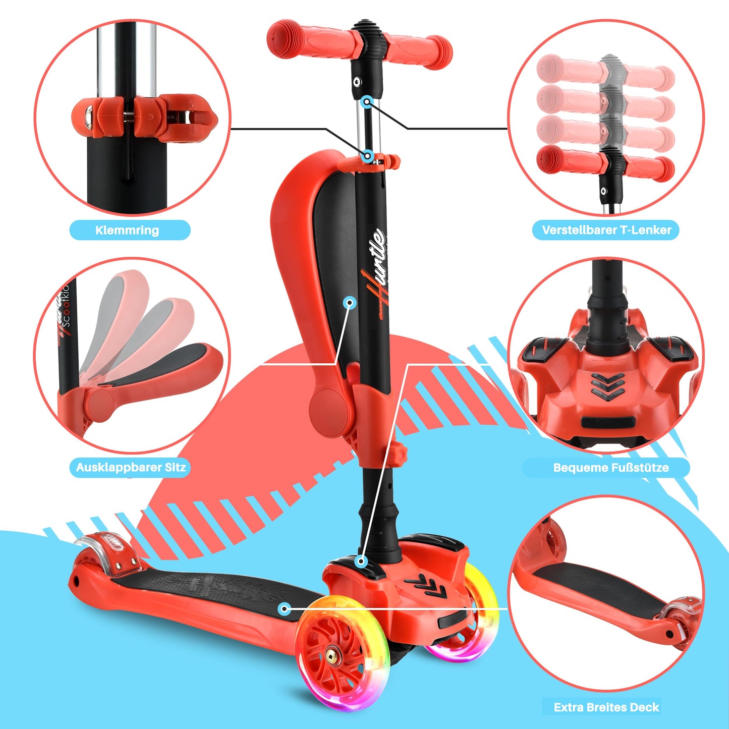 Hurtle Kids Scooter - Child Toddler Kick Scooter Toy With Foldable Seat - 3 Wheel Scooter With Adjustable Height, Anti-Slip Deck, Flashing Wheel Lights, For Boys/Girls 1-12 Year Old, Red