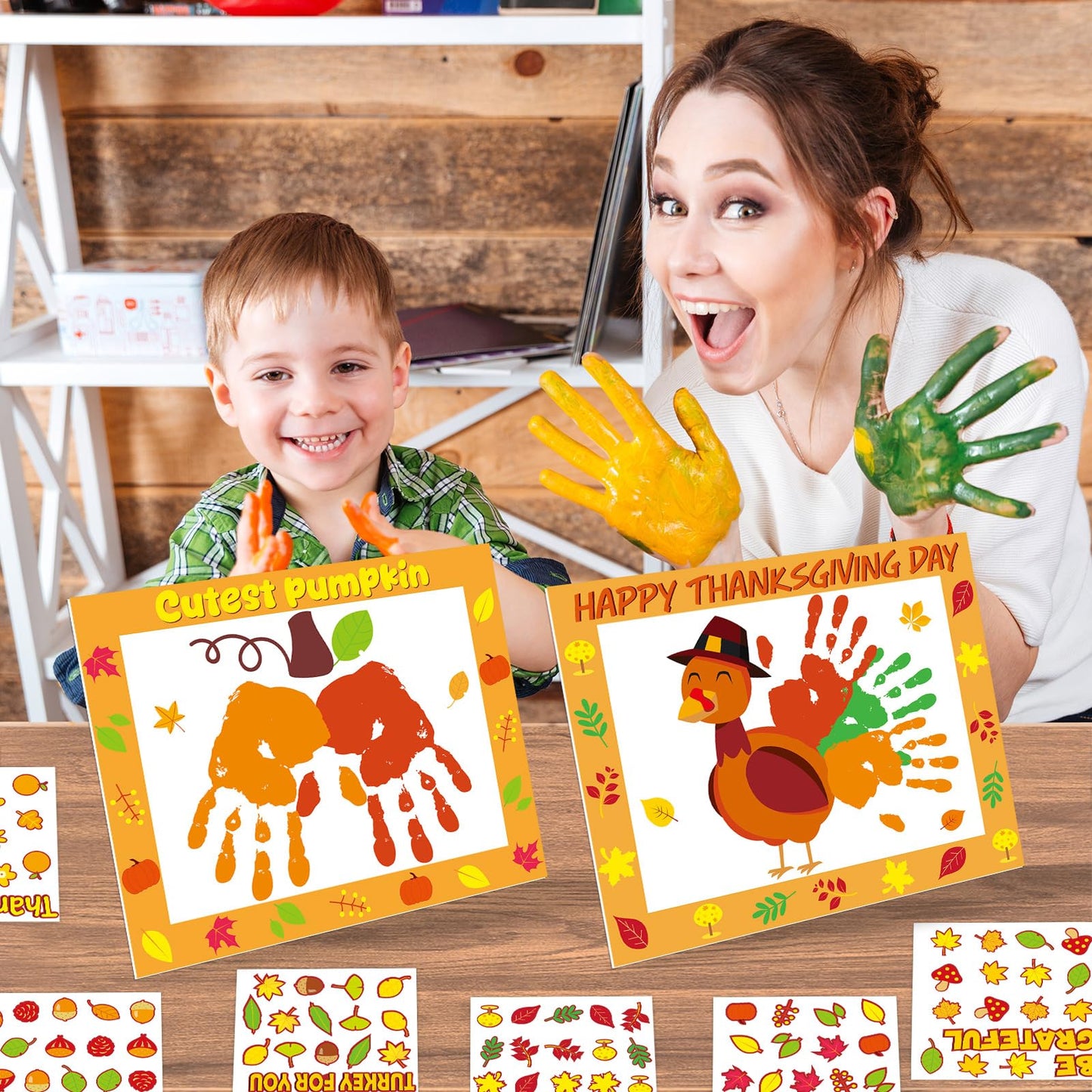24 Sets Thanksgiving Handprint Crafts Kits for Kids DIY Thanksgiving Hand Keepsake Craft with 3 Large Ink Pads Fall Palm Paintin