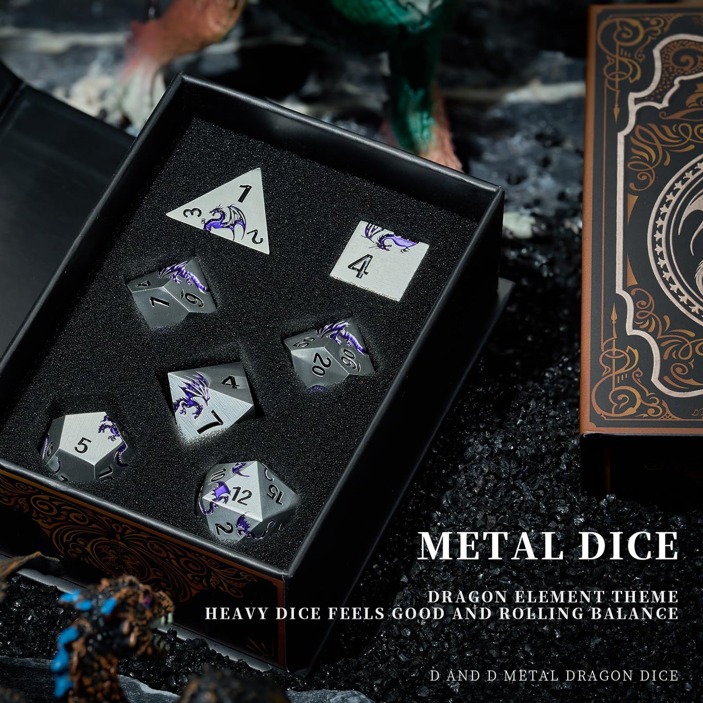 Purple Dragon Metal Dice HNCCESG 7 Piece Heavy Metallic D&D Dice Set with Dungeons and Dragon Gift Dice Box for TTRPG Tabletop G