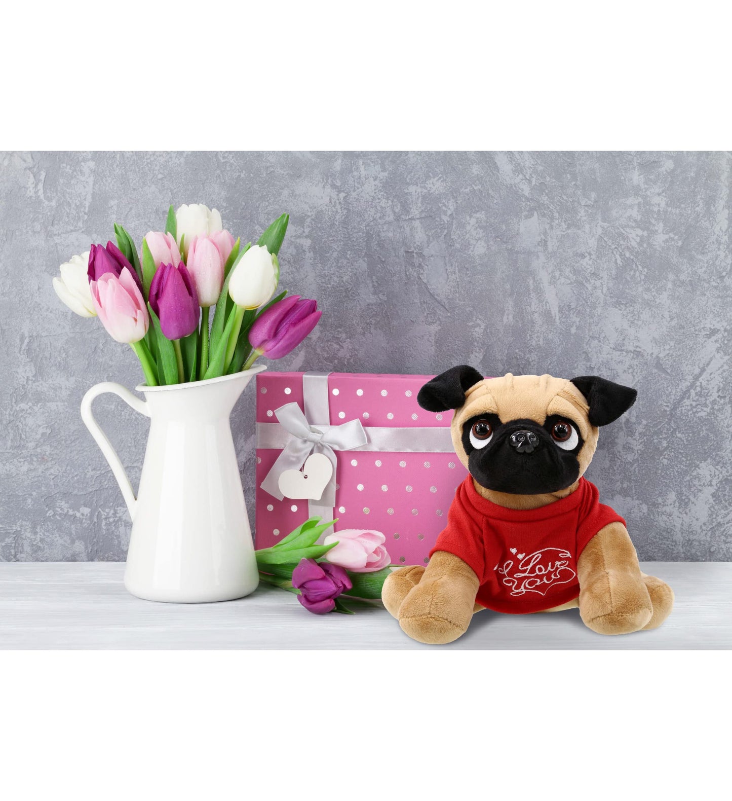 Dollibu I Love You Valentine Plush Pug Dog - Cute Soft Cuddly Stuffed Animal With Red Heart Shirt For Valentines Day, Birthday P