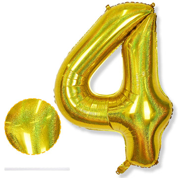 Large Number 4 Balloons, 40 Inch Laser Gold Helium 4 Balloons For Kids 4 Year Old Birthday Decor, Self Inflating Foil Globos Dor