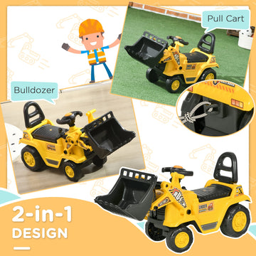 Homcom Ride On Excavator Pull Cart, Kids Bulldozer Ride On Truck With Horn, Under Seat Storage, Sit And Scoot Pretend Play Toy Construction Car For Ages 18-48 Months