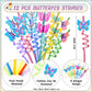 Joyvorite 144 Pcs Butterfly Party Favors Set with Butterfly Straws Keychains Slap Bracelet Tattoo Stickers Wristbands Hair clips