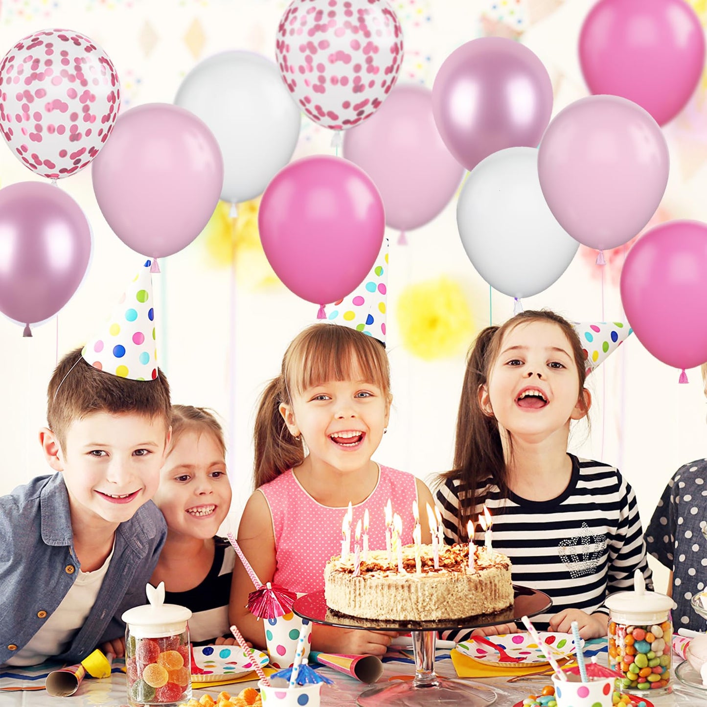 Funhot Pink Balloons, 60Pcs Pastel Pink Pearl White Latex Balloons, 12 Inch Metallic Pink Confetti Balloons Helium For Girls Pri