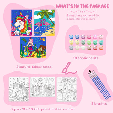Goldentime 3 Framed Canvas Paint By Numbers For Kids Ages 6 8 10 12 -Easy Paint By Numbers Kit For Kids And Adults -Unicorn Pain