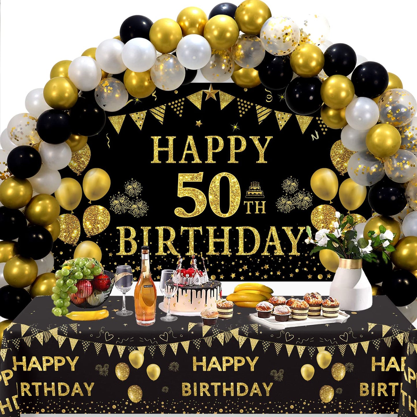 Trgowaul 50Th Birthday Decorations For Men Women - Black Gold Happy 50Th Birthday Backdrop Banner, 2 Pcs Happy Birthday Tableclo