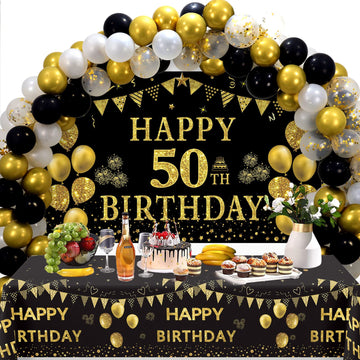 Trgowaul 50Th Birthday Decorations For Men Women - Black Gold Happy 50Th Birthday Backdrop Banner, 2 Pcs Happy Birthday Tableclo